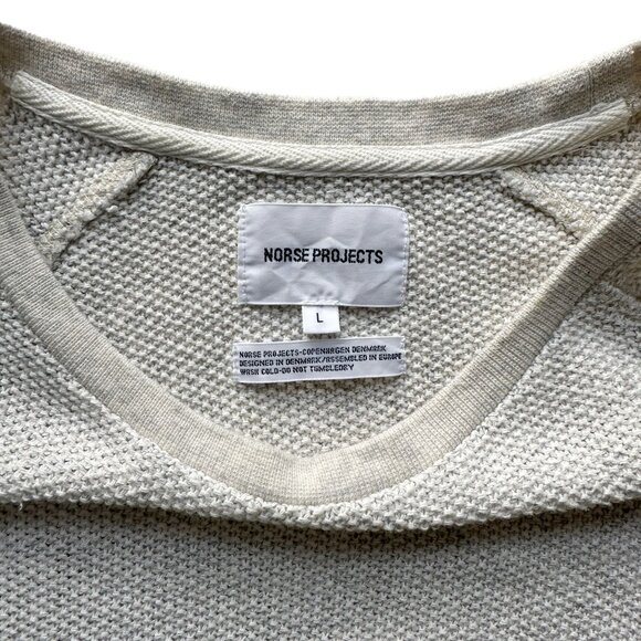 Norse Projects Mens LARGE Ketel Textured Cotton Blend Light Gray Crew Pullover - Picture 5 of 9
